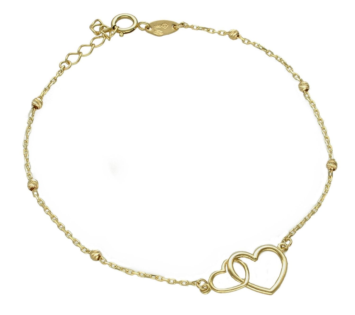 Złota bransoletka damska 375 celebrytka z dwoma serduszkami BR 5779 375. Złota bransoletka damska. Złota bransoletka próby 375. Bransoletka złota damska delikatna celebrytka. Bransoletka złota celebrytka idealna na pr.jpg